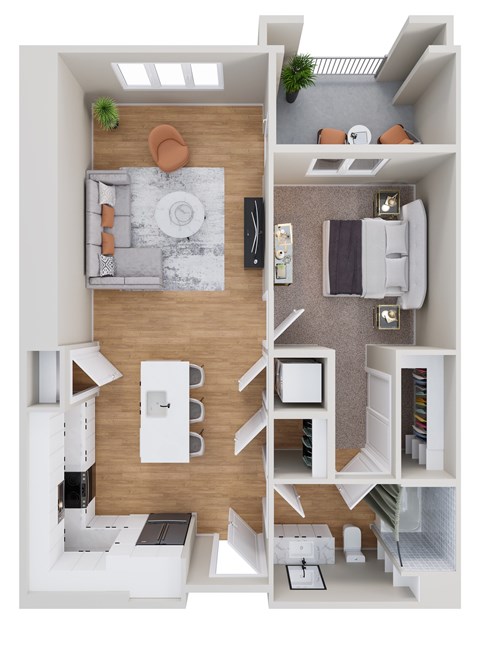 A floor plan of a small apartment with a kitchen, living room, and bedroom.